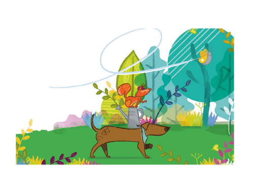 Wall Illustration (from children's area) a dog and a squirrel point the way forwards with their noses. They're in a landscape of trees and grass
