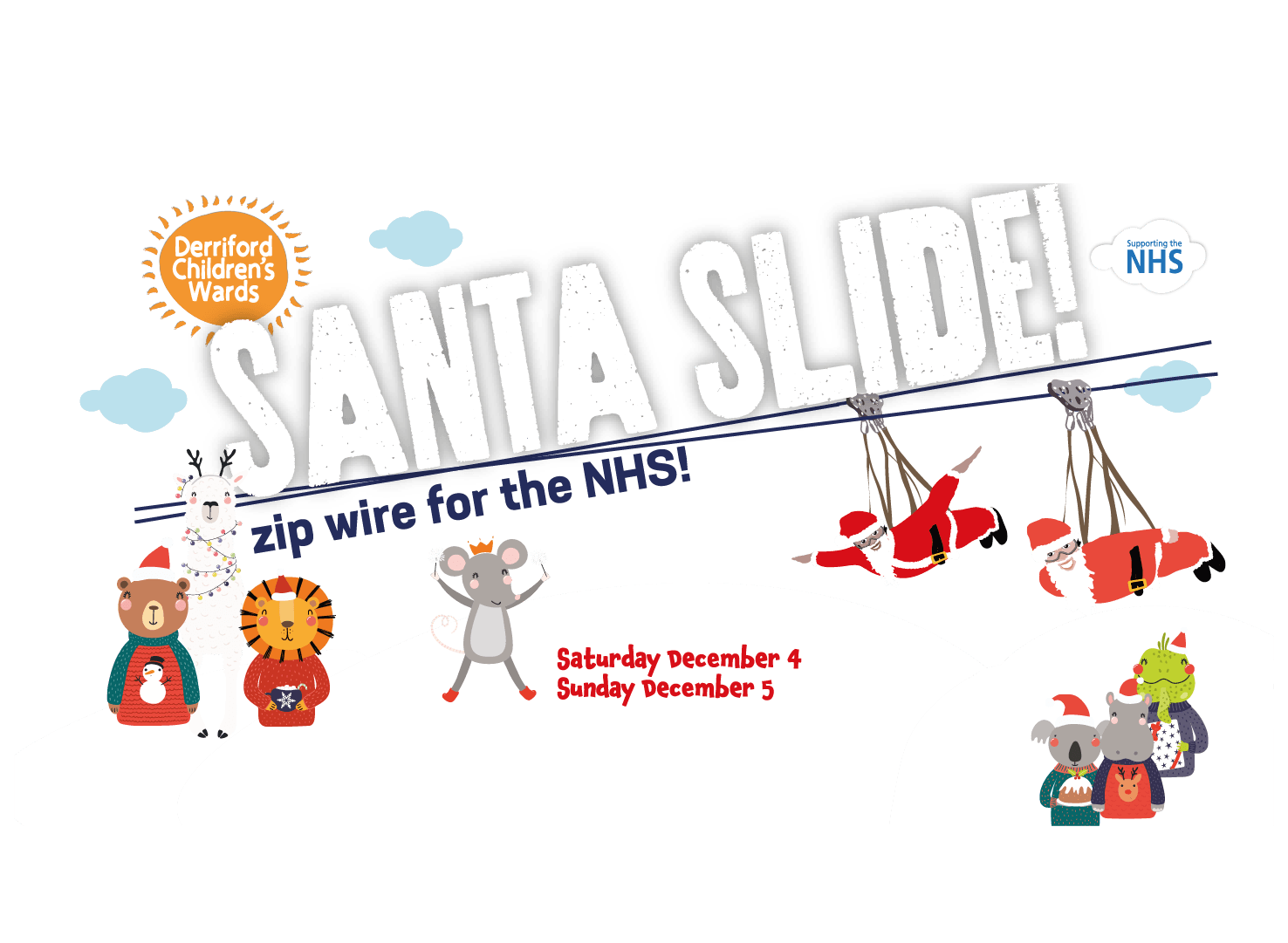 Santa Slide banner, with Derriford Children's Wards logo, and the NHS logo. Two Santa figures fly down a zipwire under the name