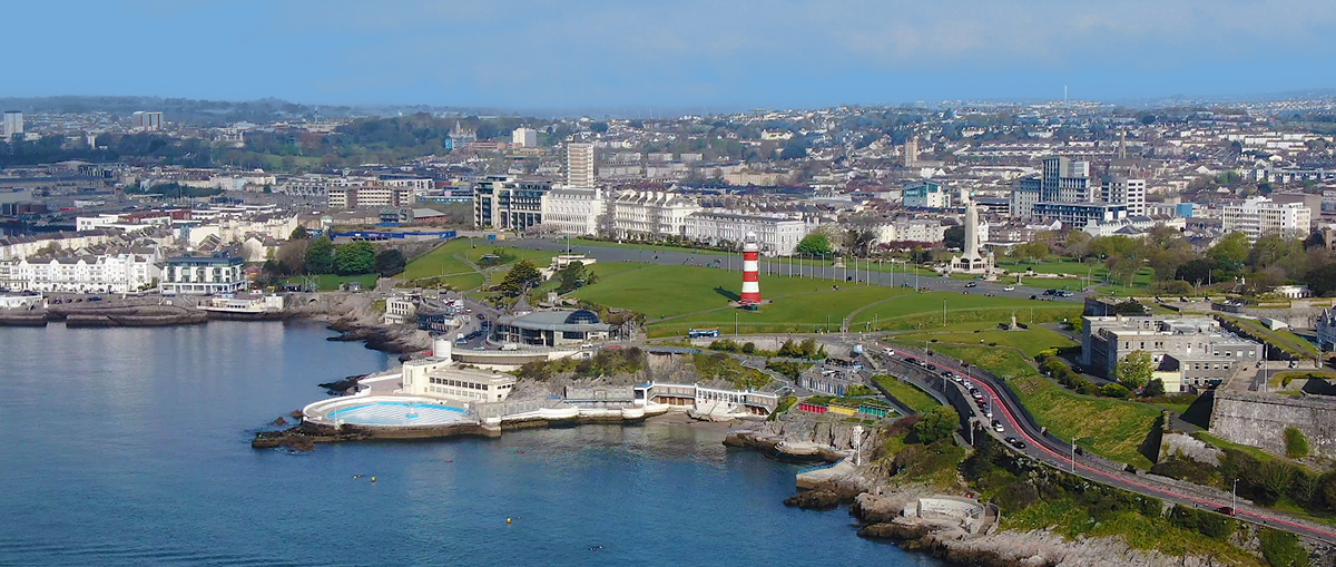 View of coastline showing Plymouth Hoe