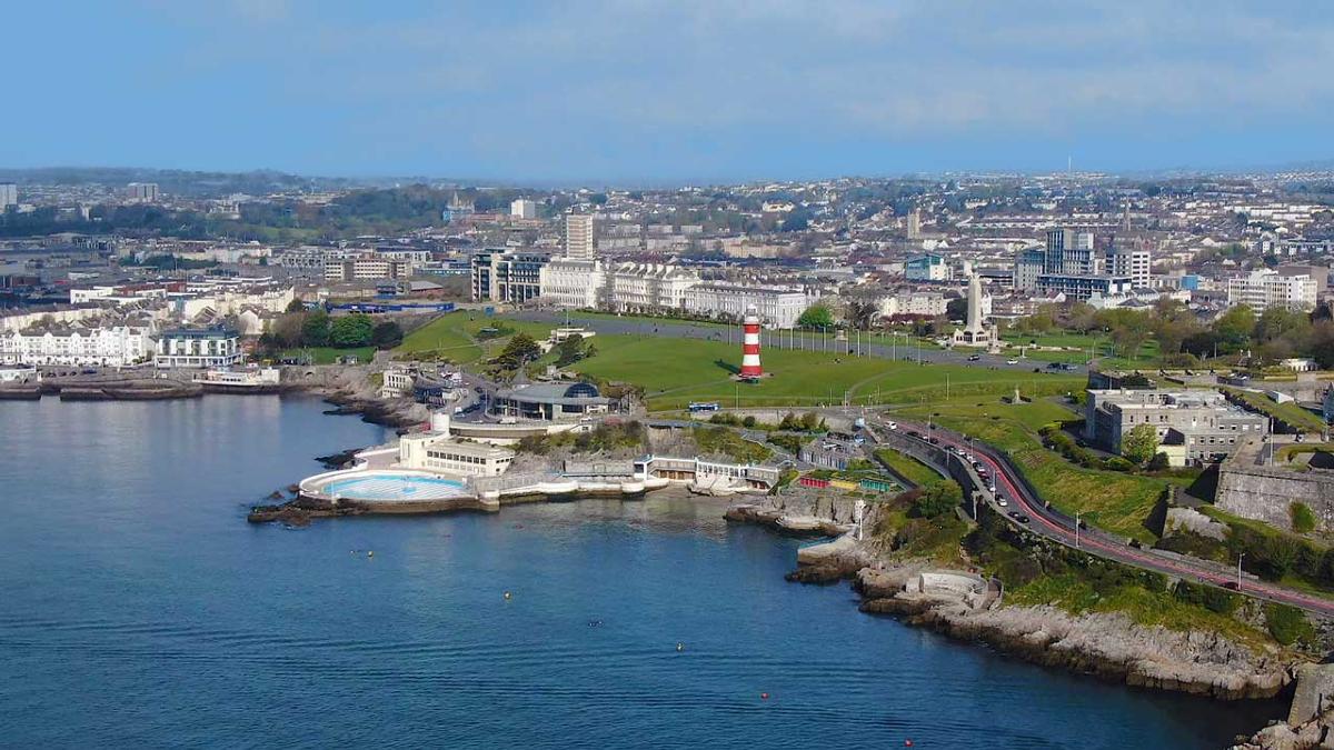 Ariel shot of Plymouth Hoe and coastline