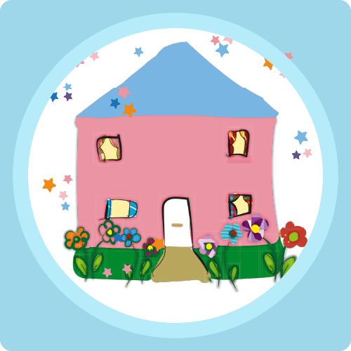 Illustration of a pink house with a blue roof, with flowers and stars, framed in a white circle on a blue background