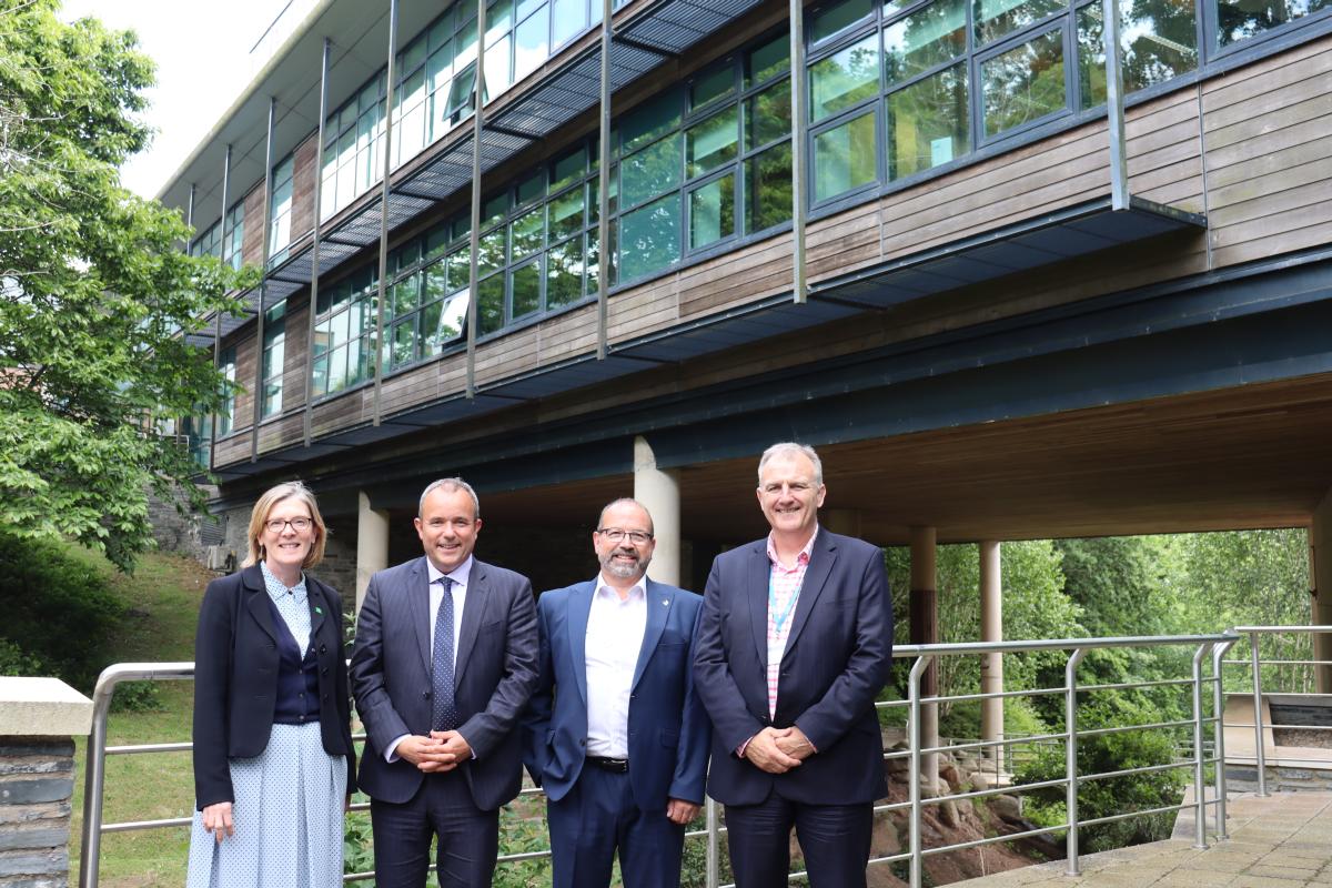 Tracy Lee, Professor Richard Davies, David Hockton and Mark Hackett pictured outside the John Bull Building which bridges the valley between Plymouth Science Park and University Hospitals Plymouth NHS Trust, Derriford, Plymouth
