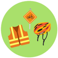 Green circle with graphic of hi-vis vest, cycling helmet and cycling sign in different shades of orange.