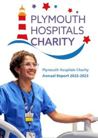 Front cover of the Annual Report for Plymouth Hospitals Charity with nurse smiles